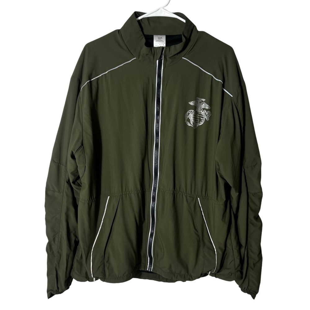 USMC‎ Marine Running Jacket Medium Olive Green Reflective Trim Zip Windbreaker